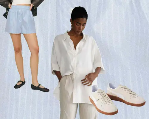 Blue striped linen shorts on model, model wearing white button-down, and beige and white Puma Palermo sneakers