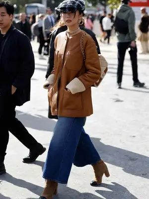 Woman wearing tweed newsboy cap and brown leather coat with subtle shearling cuffs and wide leg jeans