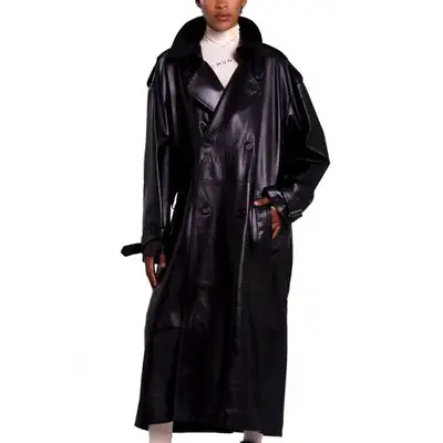 Romeo Hunte Leather Trench Coat in black on model