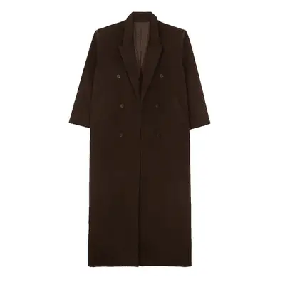 Re Ona Harper Maxi Wool Coat in deep taupe on model