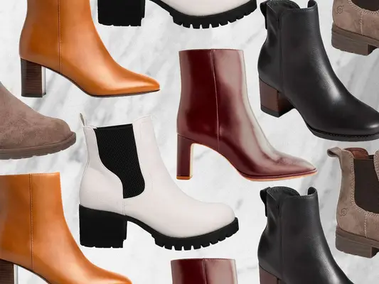 A collage of many different types of leather boots for women on a light gray background