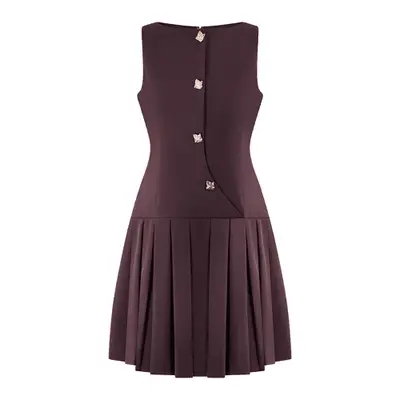Meshki Mackenzie Sleeveless Pleated Mini Dress in plum burgundy with gold buttons