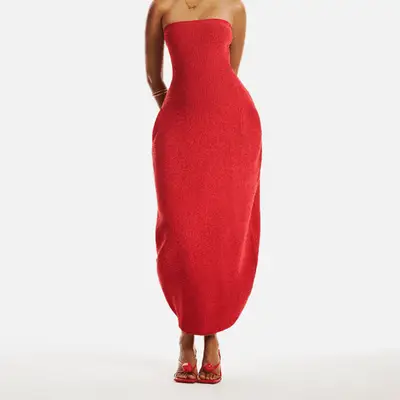 Red ankle-length strapless dress on model