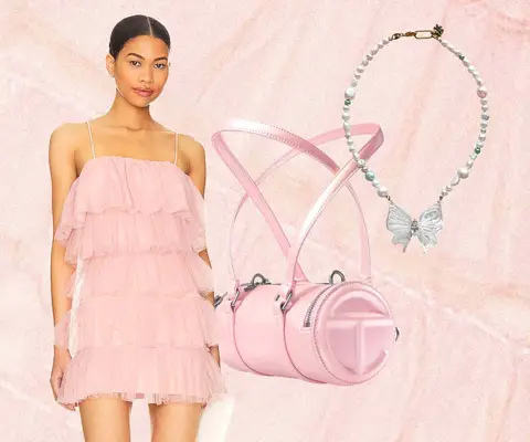 Woman wearing tiered pink mini dress, Telfar duffel bag, and butterfly necklace