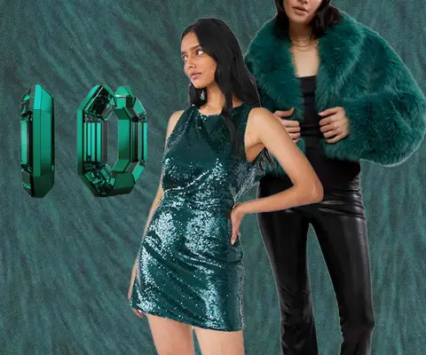 Swarovski green Lucent earrings, green glitter mini dress on model, and green fur jacket on model