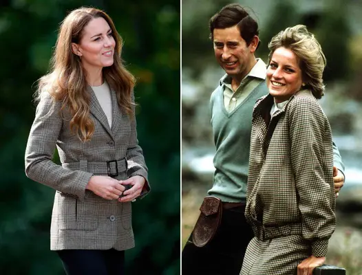 Kate Middleton and Princess Diana in similar brown plaid tweed jackets