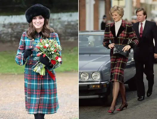 Kate Middleton and Princess Diana in red and green tartan coats
