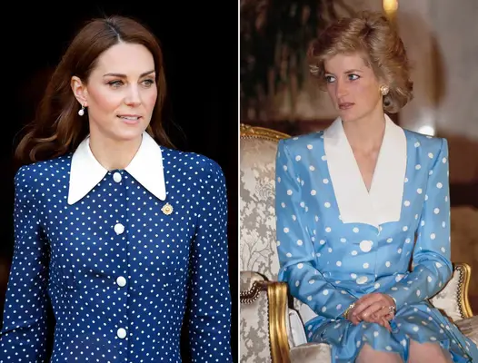 Kate Middleton and Princess Diana in similar blue polka dot outfits