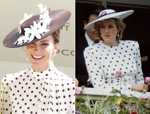 Kate Middleton and Princess Diana in similar black and white polka dot outfits