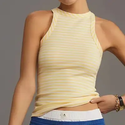 Maeve Ribbed Tank in yellow stripe on model