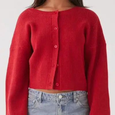 Peppermayo Daphne Knit Cardigan in red on model styled with jeans