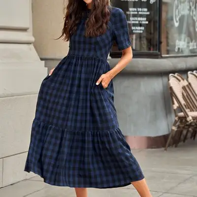 Petallush Navy Short Sleeve Round Neck Plaid Cotton Maxi Dress on model