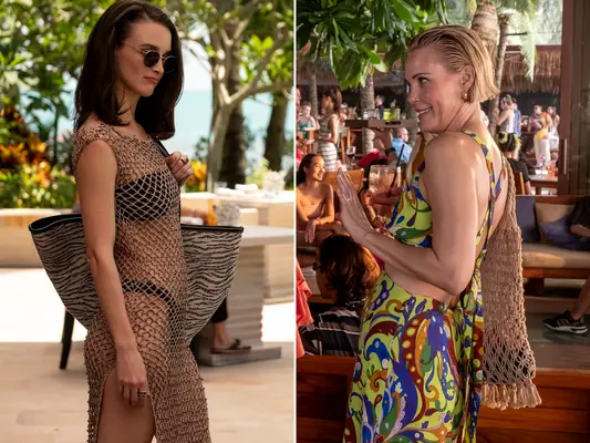 Charlotte Le Bon and Leslie Bibb carrying luxury handbags on The White Lotus