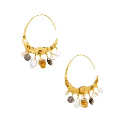 Chan Luu Crescent Cream Pearl and Citrine Mix Gold Hoop Earrings