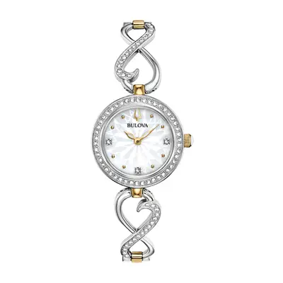 Bulova Swarovski Crystal Infinity Bracelet Watch and Necklace Set in silver with gold accents