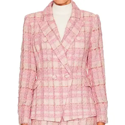 Bardot Boucle Blazer in pink on model styled with white top