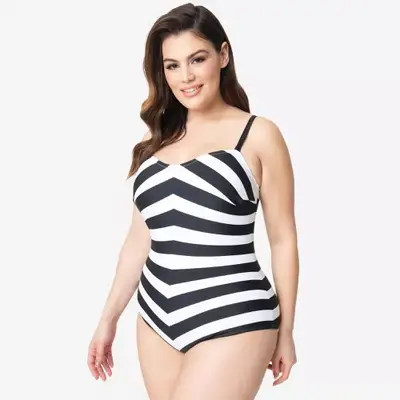Barbie x Unique Vintage Plus Size Black and White Chevron Stripe One Piece Bathing Suit ($88)