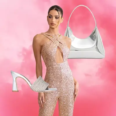Glittery Pink Strappy Romper, Silver Handbag, Silver Slip on Heels
