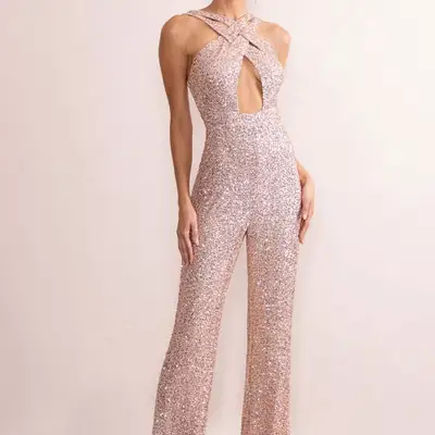 Audrey Champagne Sequin Cross Front Flared Leg Jumpsuit with Keyhole Detail ($180)