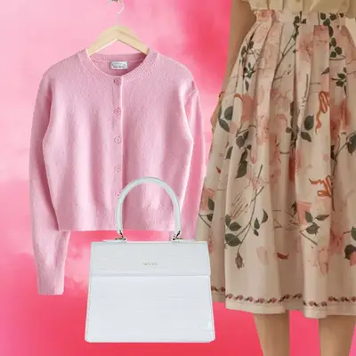 Pink cardigan outfit collage