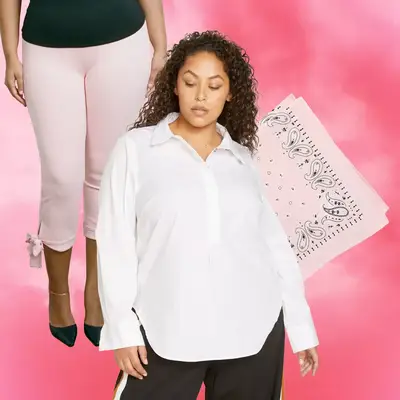 White Long Sleeve Button Up, Light Pink Bandana, Light Pink Capri Pants