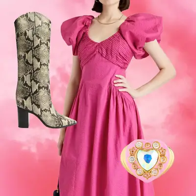Pink Ruffle Dress, Snakeskin Boots, and Gaudy Jewel Covered Heart Shaped Ring