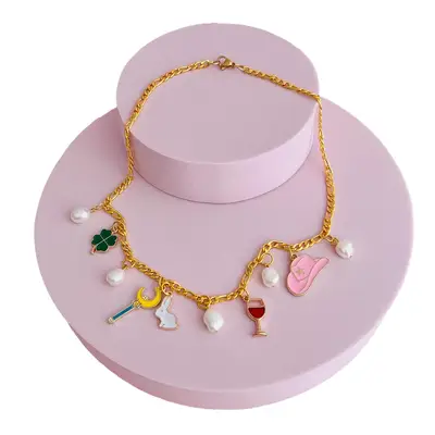 GreyCatValley Chappell Roan Inspired Charm Necklace with rabbit, wand, red wine, four-leaf clover, and cowboy hat charms