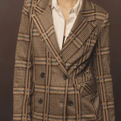 Avec Les Filles Relaxed Blazer Jacket in tan and brown on model paired with striped button-down shirt