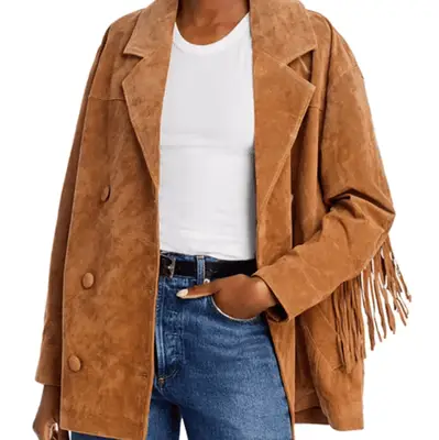 Alexa Chung wearing a suede jacket. 