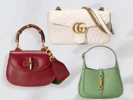 collage of three popular Gucci bags, including Jackie 1961 bag, Horsebit 1955 bag, and GG Marmont bag on a neutral background