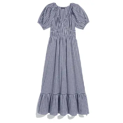 Vineyard Vines Marina Poplin Puff-Sleeve Midi Dress in navy and white gingham