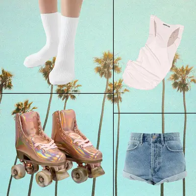 White socks on model, tank top, denim shorts, and rose gold roller skates