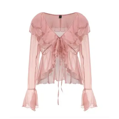 ruffled pink sheer blouse