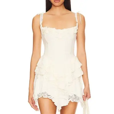 Majorelle Ann Mini Dress in white with ruffles and lace