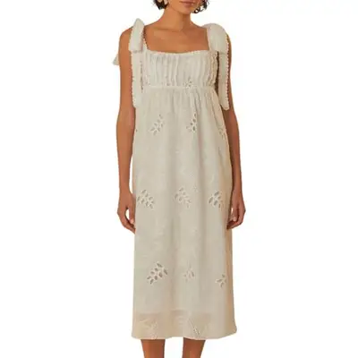 Farm Rio Off-White Midi Dress with eyelet cutouts on model