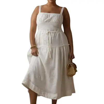 By Anthropologie Linen Square-Neck Dress in white on model