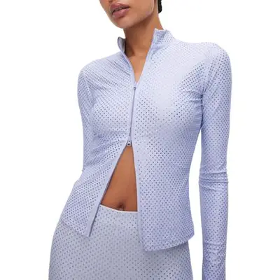 Good American Smooth Matte Zip-Top jacket in lavender on model styled with matching bottoms