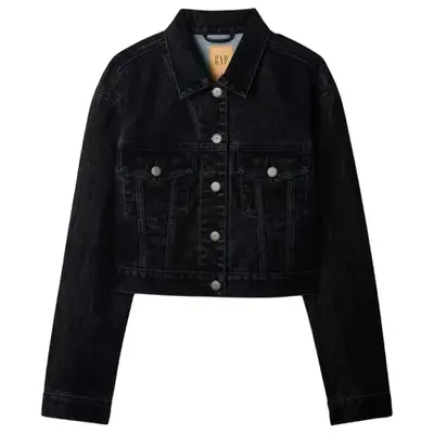 cropped denim jacket in a dark wash