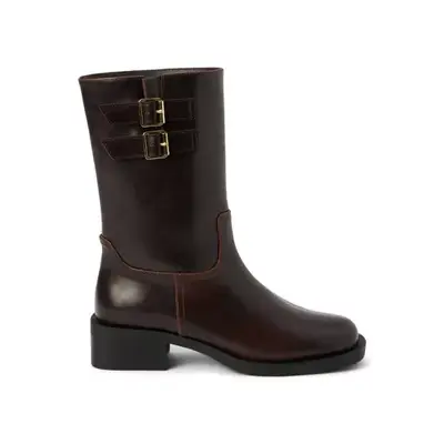 Brown boot with two gold buckles