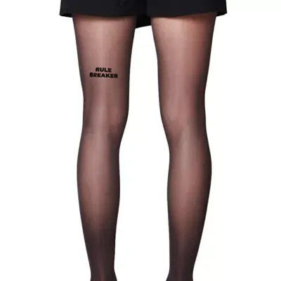 Model wearing tights with the words 