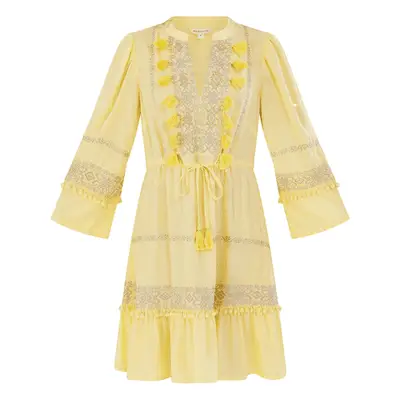 Monsoon London Embroidered Pom-Pom Kaftan Dress in yellow