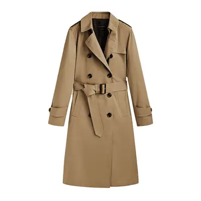 Massimo Dutti Long Wool-Blend Double-Breasted Coat in camel on model
