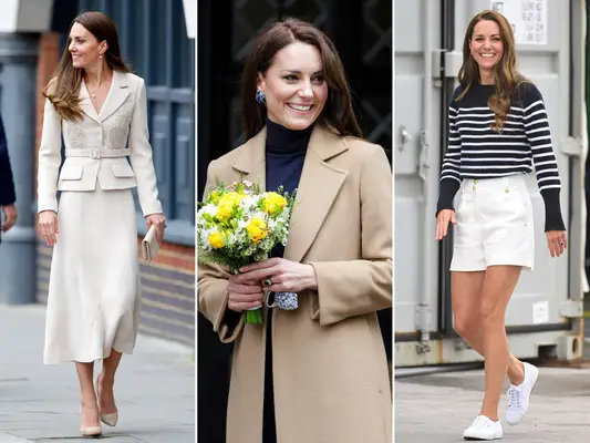 Kate Middleton in three different outfits: a white skirt suit, a beige coat, and a striped top, white shorts, and white sneakers