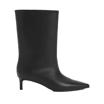 Charles & Keith Elongated Square-Toe Kitten-Heel Calf Boots in black