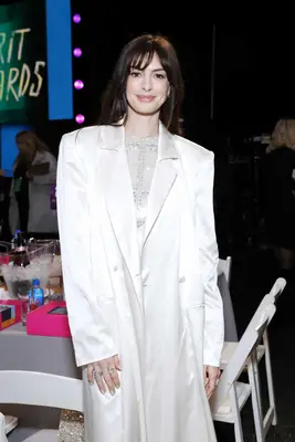 Anne Hathaway satin overcoat