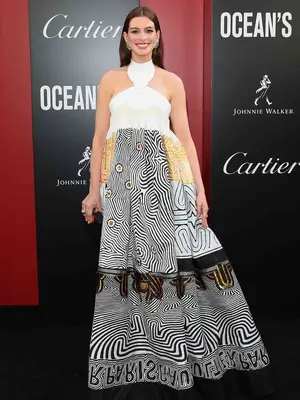 Anne Hathaway wearing a halter neck printed Jean Paul Gaultier gown at the Ocean