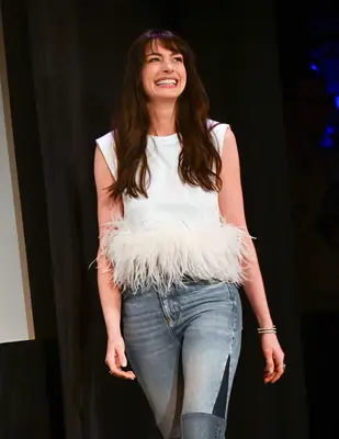 Anne Hathaway denim feathers top