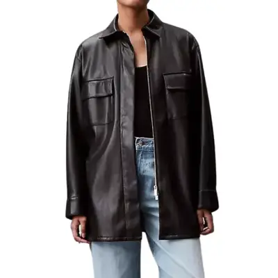 Model wearing a faux leather jacket