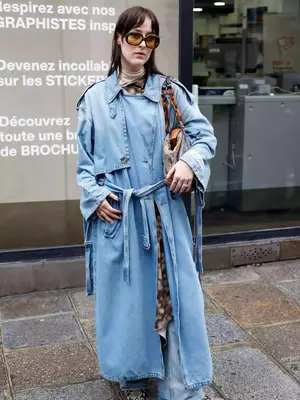 Model wearing a blue trench coat, printed brown dress, and snakeskin shoes