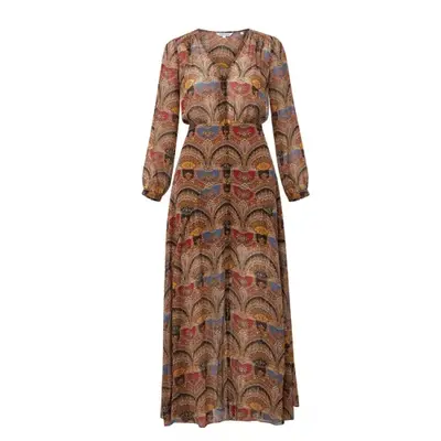 printed full-length dress with shades of brown, red, and blue